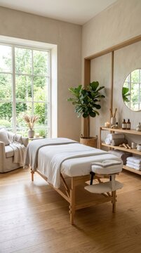 Serene Spa Room with Massage Table and Natural Light.