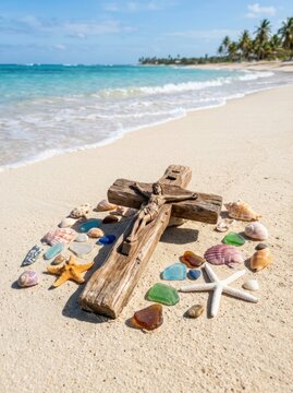 Rustic Wooden Cross Adorned with Seashells and Sea Glass on a Tropical Beach.