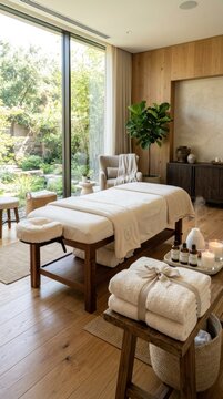 Serene Spa Room with Massage Table and Lush Greenery View.