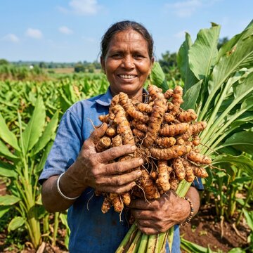 Smiling Woman Farmer Holding Freshly Harvested Turmeric Roots in Field.