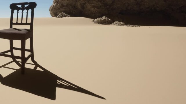 A chair is placed on smooth sand beside a large rock. The sun shines down creating a clear shadow from the chair. There is blue sky above and no other objects in sight.