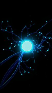 Vertical neural cell emits glowing cyan and orange impulses in an abstract 3D render ideal for mobile meditation backgrounds and music visuals