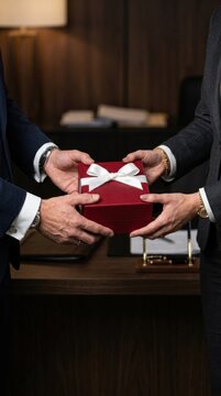 Two businessmen exchanging a gift box with a white ribbon.