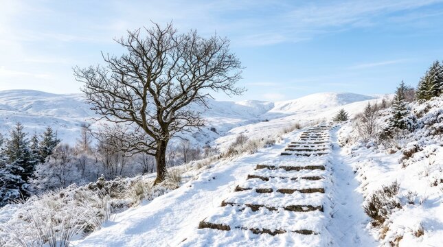 Snow Covered Mountain Path with Lone Tree and Blue Sky.
