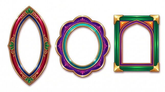 Vintage ornate frames collection with 3 colorful decorative borders. Antique gold and jewel toned picture frames set for luxury portraits. Elegant Victorian style oval and rectangular frames.