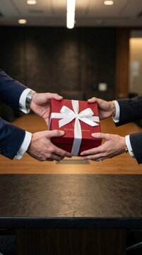 Two businessmen exchanging a red gift box with a white ribbon.