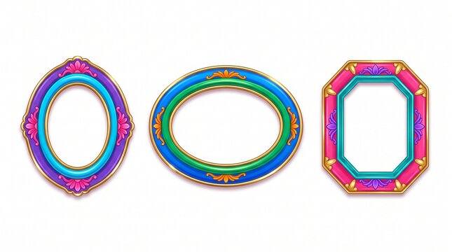Ornate fantasy game frames set with 3 colorful UI borders. Decorative magical oval and octagonal picture frames for mobile gaming. Vibrant purple, pink and blue jewel-toned royal border