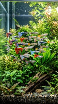 Vibrant Aquarium teeming with colorful guppy fish amidst lush aquatic plants.