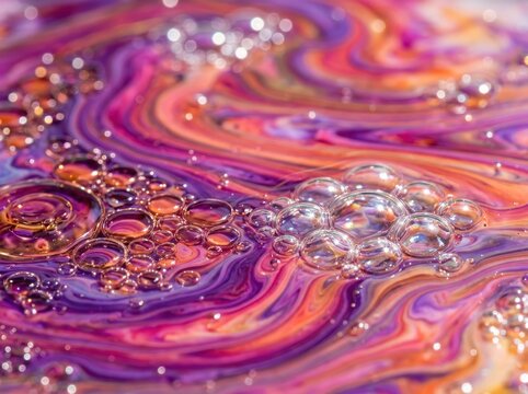 Vibrant Swirling Colors with Bubbles and Glitter Abstract Macro Shot.