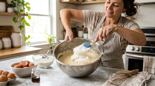 Woman happily mixing ingredients in a large bowl for baking a cake in a bright kitchen.