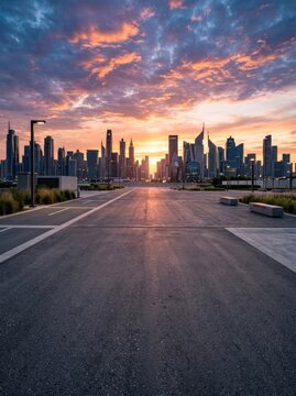 Stunning Dubai Skyline at Sunset with Dramatic Clouds Over Empty Road.