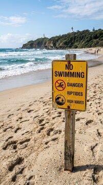 Warning Sign On Sandy Beach With Ocean Waves And Lighthouse In Distance.