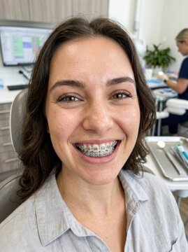Young Woman Smiling With Braces at Dental Appointment.