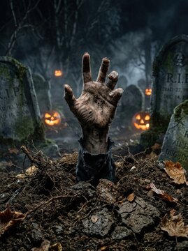 Zombie Hand Emerging From Grave on Spooky Halloween Night.