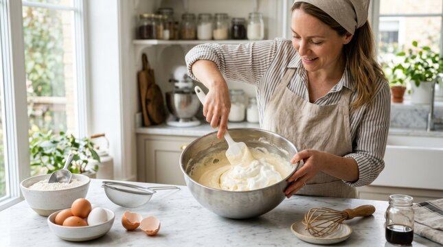 Woman happily mixing ingredients in a large bowl for baking a cake.