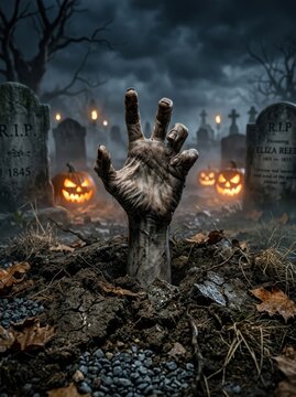Zombie Hand Emerging From Graveyard On Halloween Night.