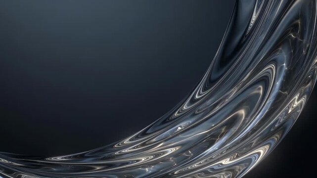 Flowing dark chrome ribbons with reflections in an abstract style on a black background, evoking luxury, motion, and depth