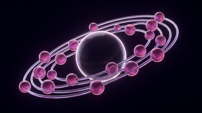 Abstract illustration of a particle model with a central core and orbiting pink spheres representing atoms and subatomic particles in physics.