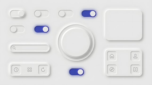 Neumorphic user interface UI UX design elements set with buttons toggles and sliders