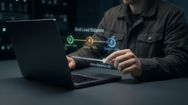 Person operating holographic grid load balance interface displayed above a laptop in a dark office