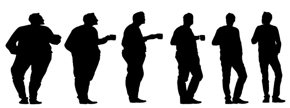 Conceptual fat overweight obese man vs slim fit healthy body after weight loss or diet, white background banner. A  fitness, nutrition or obesity, health care shape illustration vector as silhouettes