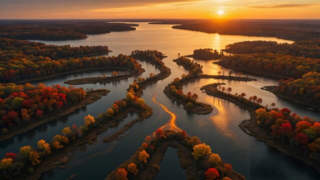 Autumn landscape with vibrant leaves bordering a labyrinth of interconnected waterways surrounding a sunset lake, Environment: intricate freshwater maze woven through woodland and small vegetated isla