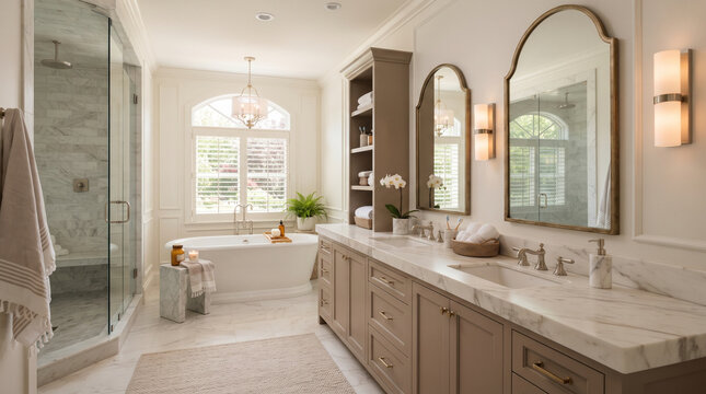 Modern luxury master bathroom interior with double vanity and freestanding bathtub.