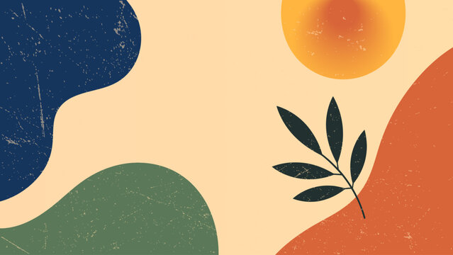 Abstract mid century modern botanical landscape with organic shapes and sun, retro vector background