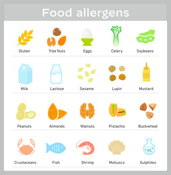 Food allergens icon set for restaurant menus and food packaging label design. The solid vector icons are well scalable and editable. Great for infographic for different backgrounds. EPS10.