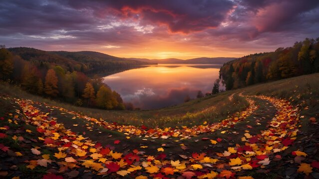 Autumn landscape with multicolored fallen leaves leading toward a tranquil lake glowing beneath a dramatic sunset sky, Environment: expansive freshwater lake bordered by layered forests and softly rol
