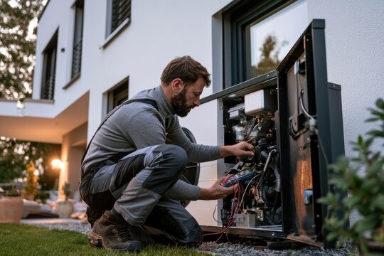 Technician servicing a residential heat pump with a digital meter, illustrating sustainable heating and the energy transition.