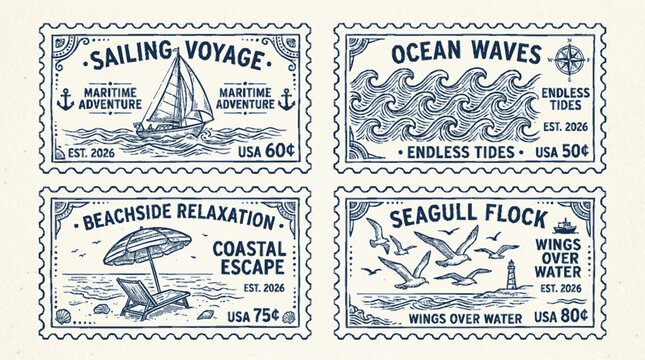 Vintage nautical postage stamp collection featuring sailing vessels ocean waves beachside relaxation and seagulls in hand drawn style