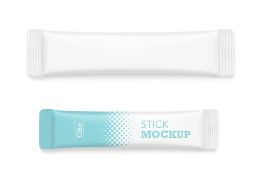 Stick pack sachet mockup realistic 3D isolated template for sugar, coffee, powder packaging presentation. Hight realistic vector illustration isolated on white background. Scalable, editable. EPS10.