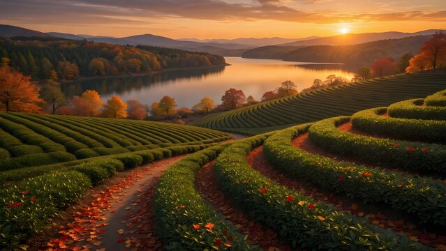 Autumn landscape with colorful leaves scattered along tea-covered hills overlooking a lake at sunset, Environment: rolling cultivated tea slopes, reflective lake below, rural pathways and distant fore