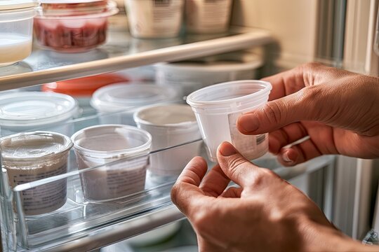 Hands checking expiry dates on yogurt in a refrigerator, illustrating food waste prevention and household budgeting.