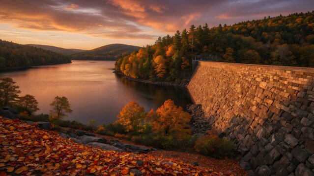 Autumn landscape with colorful leaves gathered near a lakeside dam wall at sunset, Environment: broad reservoir edge, engineered stone structure, forested hillsides and open water, Lighting: warm suns