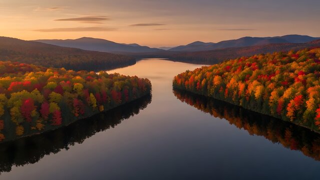 Autumn landscape with colorful leaves covering two opposing peninsulas reaching toward each other across a tranquil lake at sunset, Environment: mirrored forested landforms separated by a narrow ribbo