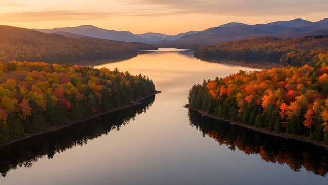 Autumn landscape with colorful leaves covering two opposing peninsulas reaching toward each other across a tranquil lake at sunset, Environment: mirrored forested landforms separated by a narrow ribbo