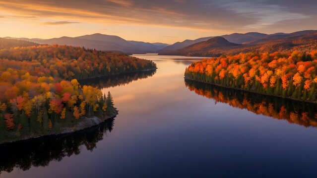 Autumn landscape with colorful leaves covering two opposing peninsulas reaching toward each other across a tranquil lake at sunset, Environment: mirrored forested landforms separated by a narrow ribbo