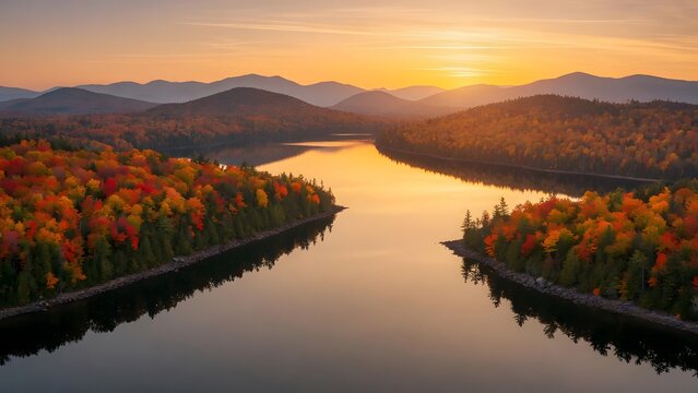 Autumn landscape with colorful leaves covering two opposing peninsulas reaching toward each other across a tranquil lake at sunset, Environment: mirrored forested landforms separated by a narrow ribbo