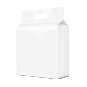 Stand pouch bag mockup with die-cut handle mockup for design, presentation of diapers, wet wipes, pants, changing mats, pads. Isometric view. Vector illustration isolated on white background. EPS10.