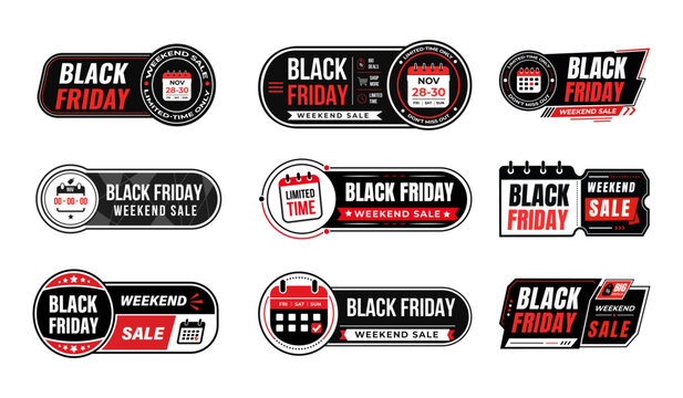 Set of black friday sale banners and promotional labels with red and white typography on black background