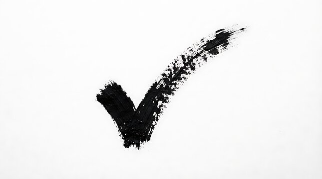 Bold black checkmark brushstroke on a white background represents success completion approval and positive confirmation with a textured aesthetic