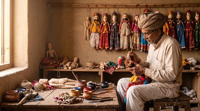 Indian artisan crafting traditional Kathputli puppets in a rustic workshop.