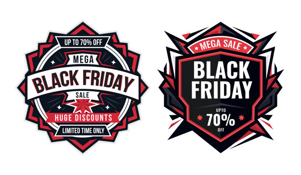 Set of two vintage style black friday sale badges with red and black geometric design elements