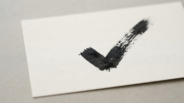 A black ink check mark painted on white cardstock provides a simple confirmation symbol with a textured and artistic aesthetic