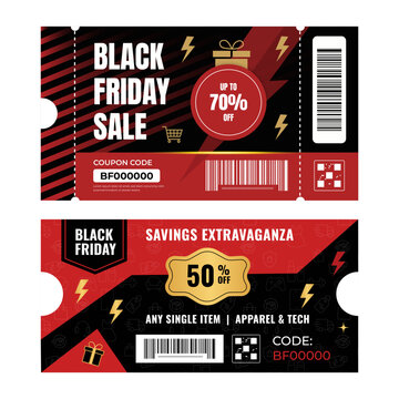 Black friday sale event ticket templates with red and black design and discount offer labels