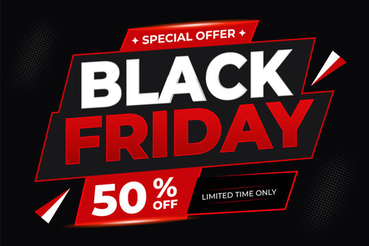 Black friday special offer banner with fifty percent discount text on a dark background for retail sales