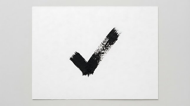 A bold black checkmark painted with a rough brushstroke on a white background represents confirmation and positive affirmation