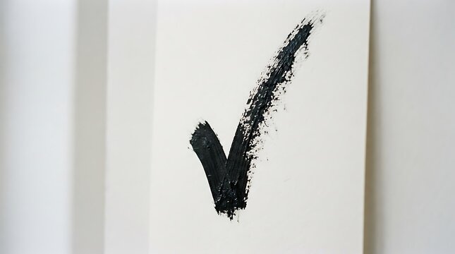 A black checkmark painted with a brush on a white surface represents completion and positive affirmation with a minimalist style
